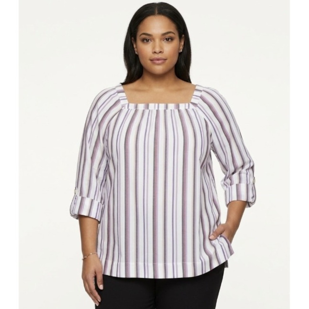 New Croft & Barrow Striped Blouse XL Purple Pink Square Neck 3/4 Sleeve Cotton